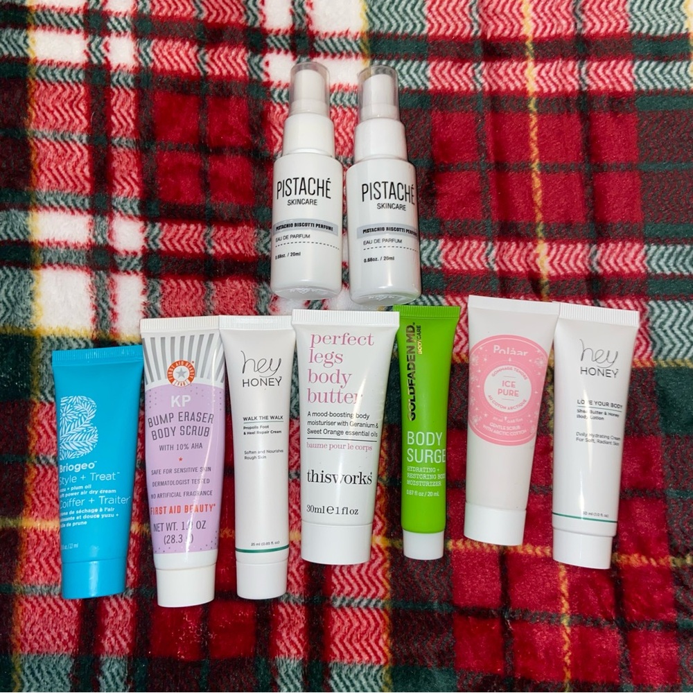 SKINCARE LOT AND TWO PISTACHIO PERFUME